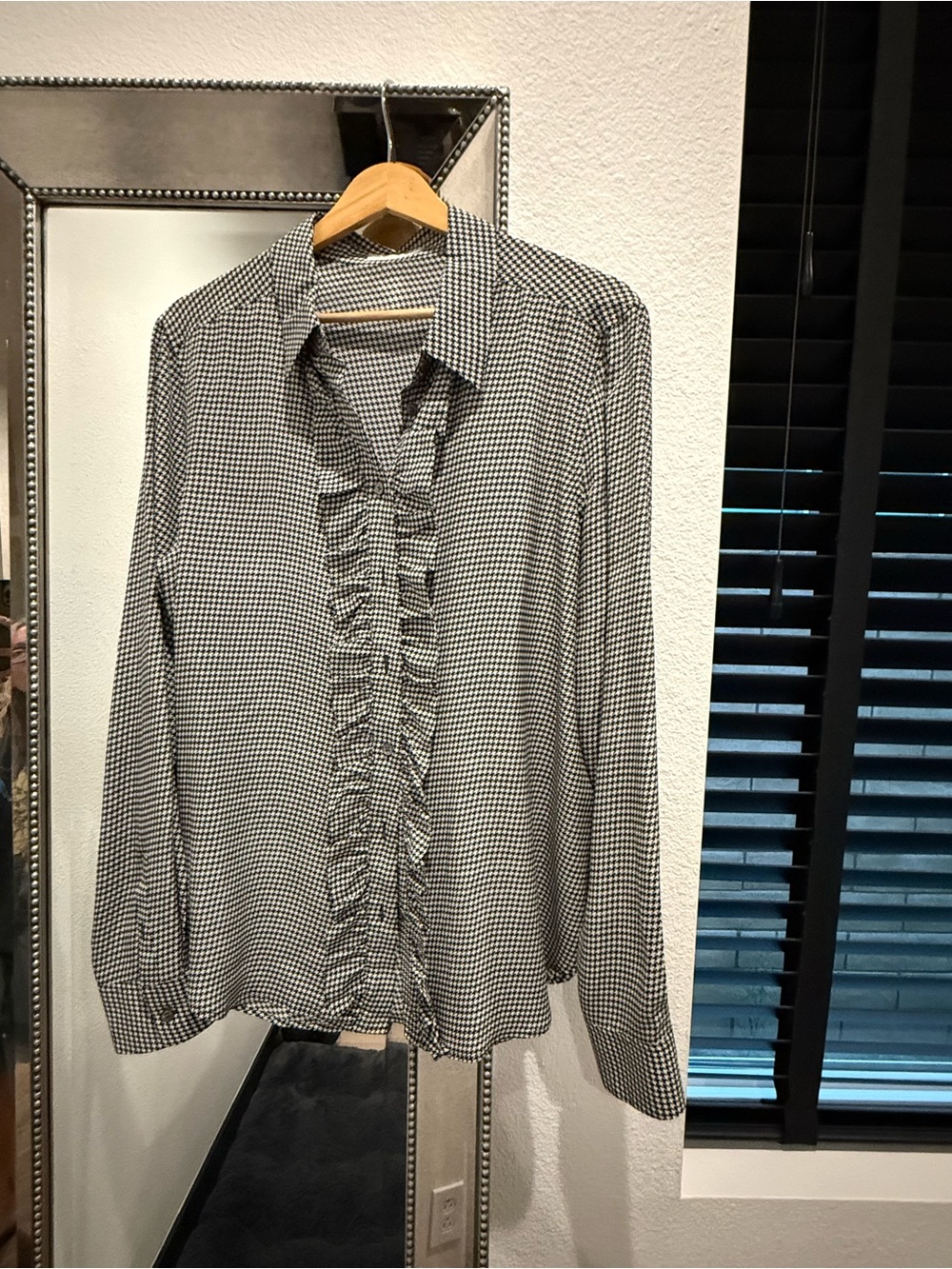 Equipment Black and White Houndstooth Ruffle Front Blouse